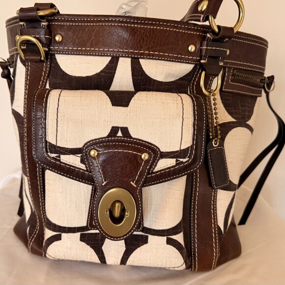 Coach Signature Linen Tote – Brown & Tan, 12"H x 10"W x 9"D - Picture 1 of 13